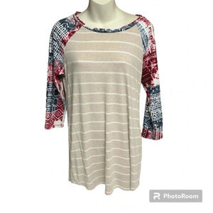 Rosemary size small shirt tan/cream striped with printed sleeves